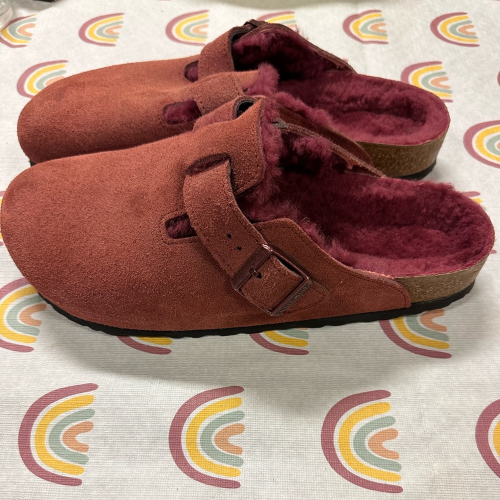 Brand New Maroon Birkenstocks with fur inside